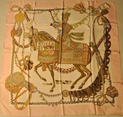 null HERMES Paris "Le Timbalier" by Françoise Héron Pale pink silk scarf (used feeling,...