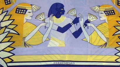null HERMES Paris "Papyrus" by Joachim Metz Blue silk scarf (used feeling, fadings...