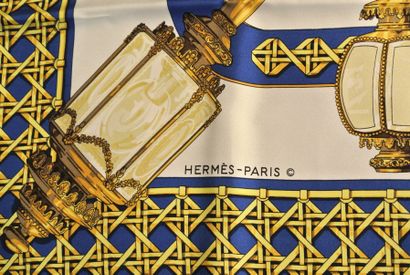 null HERMES Paris "Feux de Route" par Caty Latham Yellow, blue and white silk scarf...
