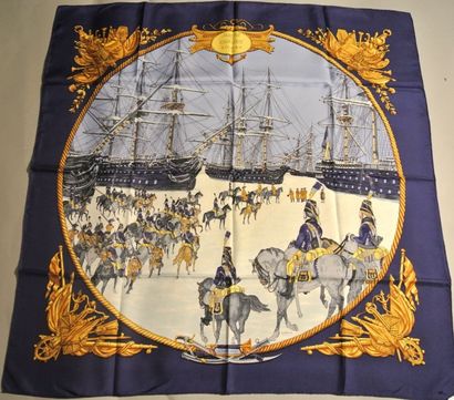 null HERMES Paris "Marine et Cavalerie" par Philippe Ledoux Blue silk scarf (very...