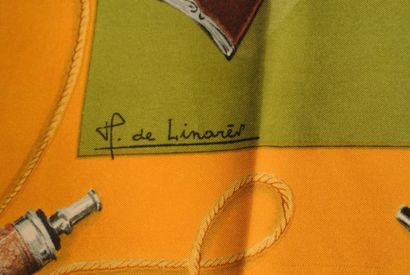 null HERMES Paris "Fusils" par Henri de Linares Green and yellow silk scarf (good...