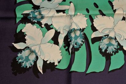 null HERMES Paris "Orchidées" par Rybaltchenko Blue and green silk scarf (little...