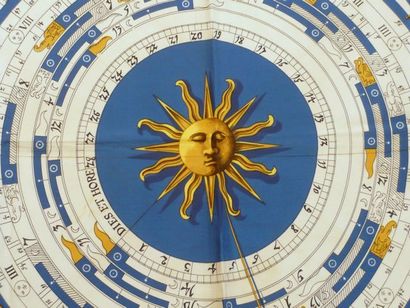 null HERMES Paris "Astrologie - Dies and Hore" by Françoise Faconnet Blue silk scarf...