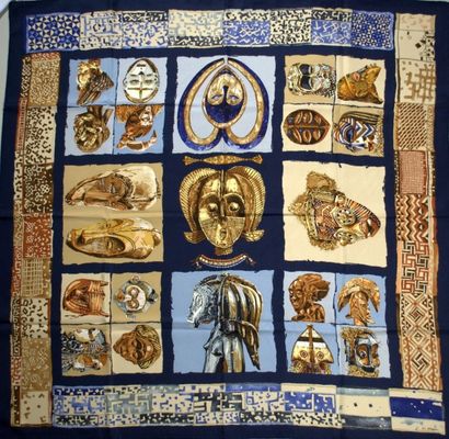 null HERMES Paris "Persona" by Loic Dubigeon Blue silk scarf (good condition) Carré...