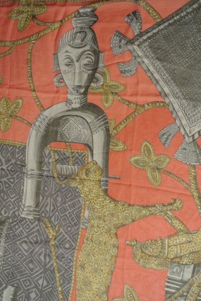 null HERMES Paris "Ashanti" by Annie Faivre Coral muslin silk shawl - 55 x 55 in....