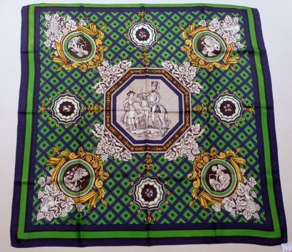 null HERMES Paris "Hussard et Cantinière" Green silk scarf (used feeling, stains,...