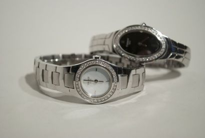 TISSOT Deux montres de dame ronde et ovale en acier et diamants, mouvement quartz...