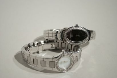 TISSOT Deux montres de dame ronde et ovale en acier et diamants, mouvement quartz...