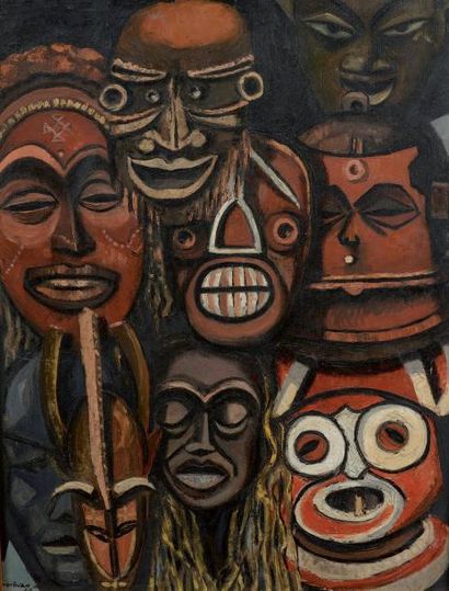 Estevao SOARES (né en 1914) Masque africains, Oléo 1960 Huile sur carton, signé et...