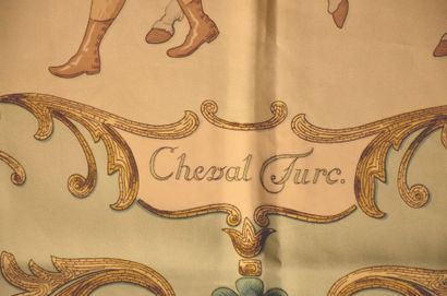 null HERMES Paris "Cheval Turc" par Christiane Vauzelles - Carré en soie bleu et...