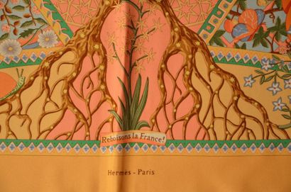 null Hermès Paris "Axis Mundi" par Christine Henry - Carré en soie orange, vert et...