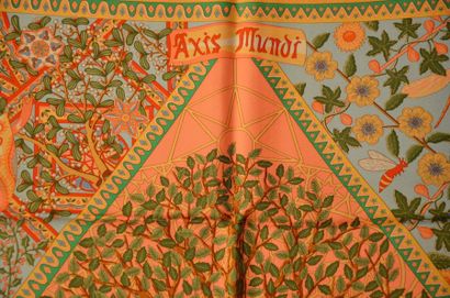 null Hermès Paris "Axis Mundi" par Christine Henry - Carré en soie orange, vert et...