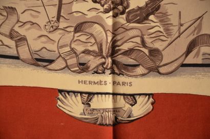 null Hermès Paris "La France" par Françoise de la Perrière - Carré en soie blanc,...