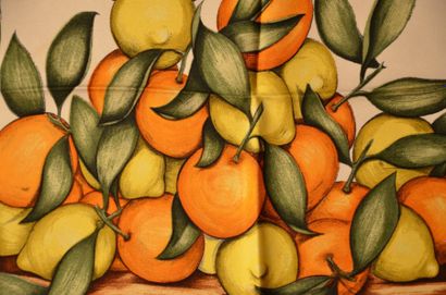 null HERMES Paris "Oranges et Citrons" par Madame La Torre - Carré en soie blanc,...
