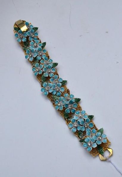 KREMER Bracelet en métal doré dentelé à décor de fleurs en métal peint bleu turquoise...