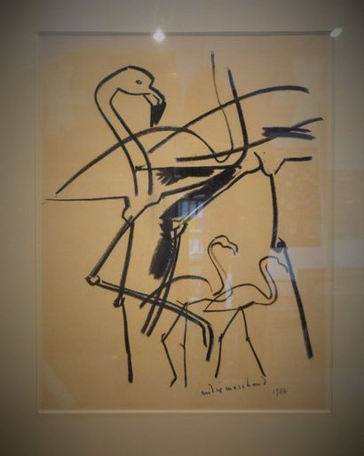 null André MARCHAND(1907-1997) Les flamands roses dessin au fusain signé et daté...