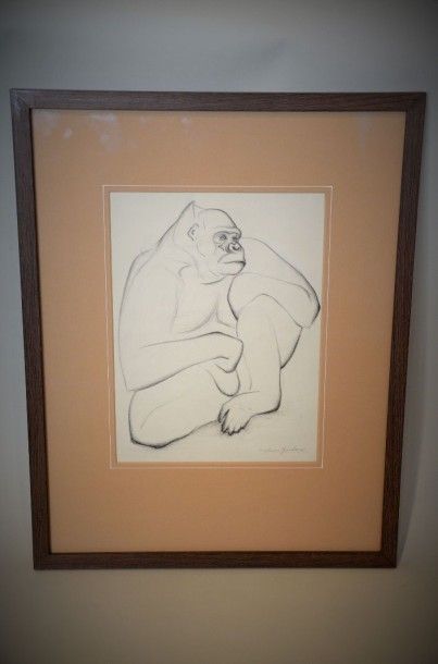 null A BRUDIEUX. Le gorille dessin au fusain signé en bas à droite dim:25x18,5cm
