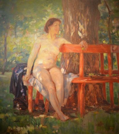 null Ecole début XX° Femme nue assise sur un banc huile sur toile (porte une signature...