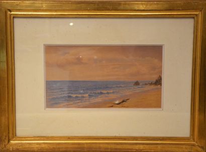 null Ecole anglaise "Plage" aquarelle sous verre signée et datée en bas à droite...