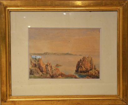 null Ecole anglaise "Les rochers" aquarelle situé au dos Jersey daté 1894 dim : ...