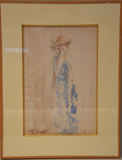 null Femme à la robe bleue aquarelle signée Marie Baschkirshoff et datée 69 dim:...