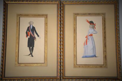 null Suite de six aquarelles représentant des personnages en costume Directoire dim:...