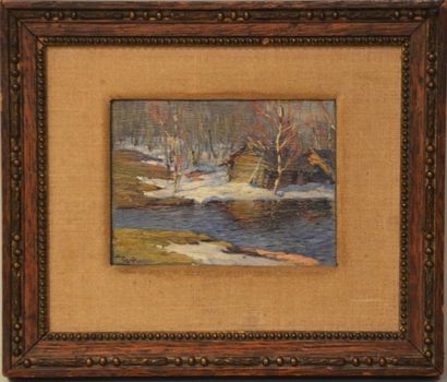 null Ecole russe, paysage de neige huile sur panneau dim: 8,5x11cm