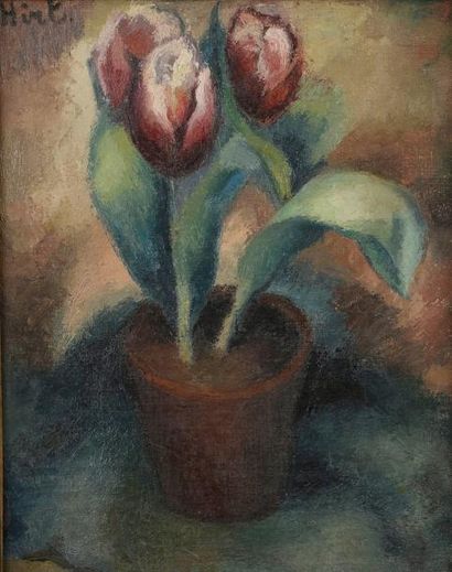 HIRT Marthe (LIÈGE 1890 - 1985) Pot de tulipes Huile sur toile Signée en haut à gauche...