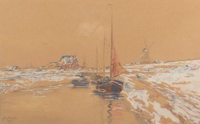 KOVALSKY Ivan Ivanovitch (Ec. Russe XIX-XXe s.) Canal en Hollande sous la neige (1907)...