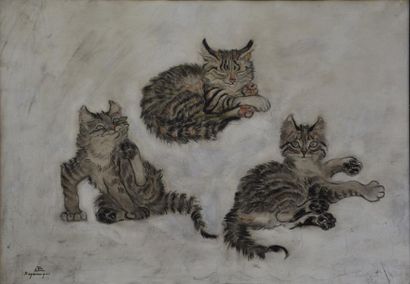KOYANAGUI Sei (Sapporo 1896 - 1948 Japon) Les chats Huile sur toile Signée en bas...