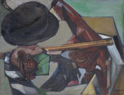 KROMKA Federico (Tchécoslovaquie 1890 - 1942 déporté) Composition au chapeau Huile...