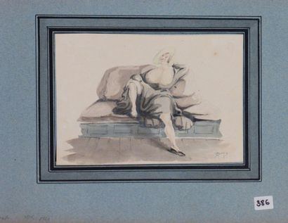 null Horace VERNET (1789 - 1863), Prostituée sur divan. 

Aquarelle sur papier. Monogrammée...