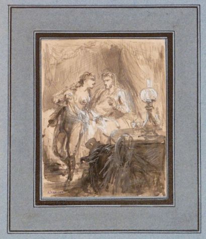 null Henri-Léon RIBALLIER (1838 - ?), Le prochain rendez-vous. 

Dessin aquarellé....