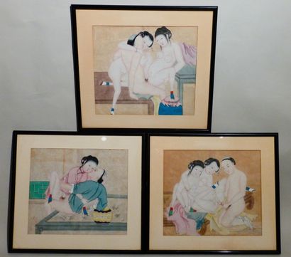 null Série de cinq aquarelles érotiques : couples et trios. 

Chine, circa 1900....