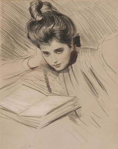 null Paul César HELLEU (1859-1927) 

Madame Clarigny à sa lecture 

Dessin aux trois...