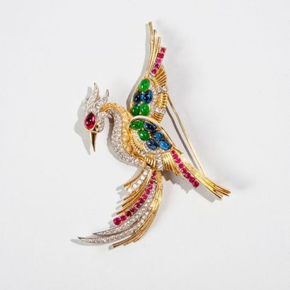 BOUCHER BOUCHER Broche Oiseau de Paradis en métal doré ornée de perles de verre polychrome...