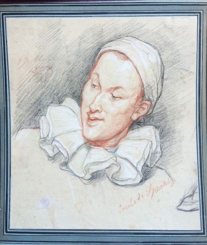 null Emile de SPECHT (1843 - ?) 

Portrait de Pierrot 

Dessin au fusain et sanguine...