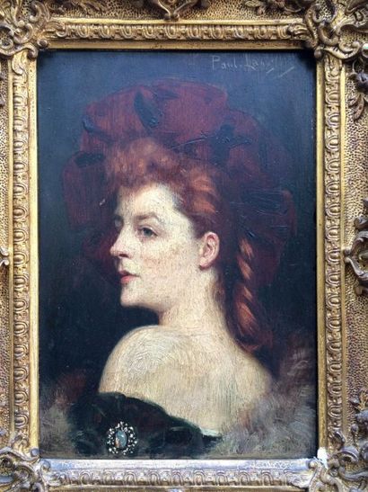 null Paul LANGLOIS (1858-1906) 

Portrait de femme à la coiffe rouge 

Huile sur...