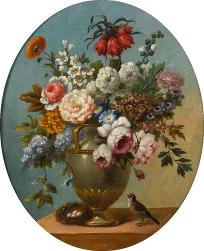 null Ecole fançaise vers 1880 

Urne de fleurs et oiseaux 

Toile ovale marouflée...