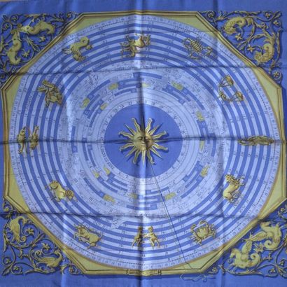 null HERMES Paris " Astrologie " par Marie-Françoise Faconnet - Carré en soie bleu,...