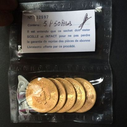 null MEXIQUE. 5 pièces de 50 Pesos (1821-1947). Or. (Sous scéllé n°32597) 

Titre...