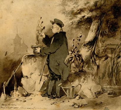 Henry MONNIER (1799-1877) Le Jardinier
1833
Lavis signé Bruxelles - février 1833...