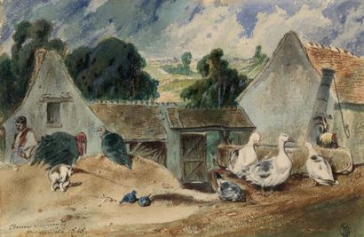 Henry MONNIER (1799-1877) Cour de ferme avec animaux
1848
Aquarelle, signée, datée...