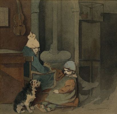 Henry MONNIER (1799-1877) Le vieux Ménétrier
Vers 1842
Aquarelle signée en bas à...