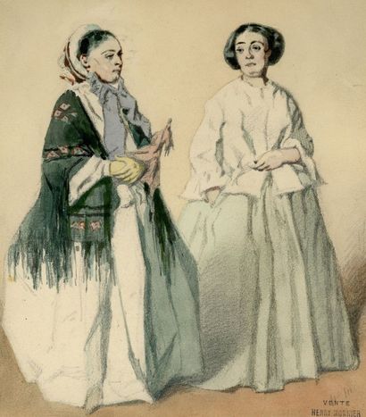 Henry MONNIER (1799-1877) Lot de 2 dessins
Deux femmes élégantes
Vers 1850
Aquarelle...