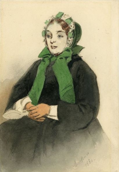 Henry MONNIER (1799-1877) Jeune femme au chapeau à rubans verts
1860
Lavis et aquarelle,...