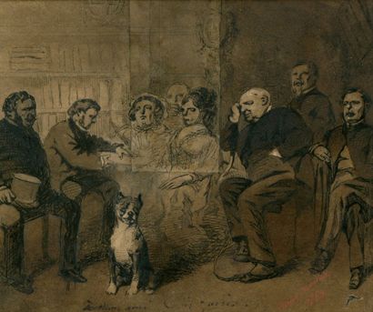 Henry MONNIER (1799-1877) Groupe de personnages et chien dans un salon
1869
Plume...