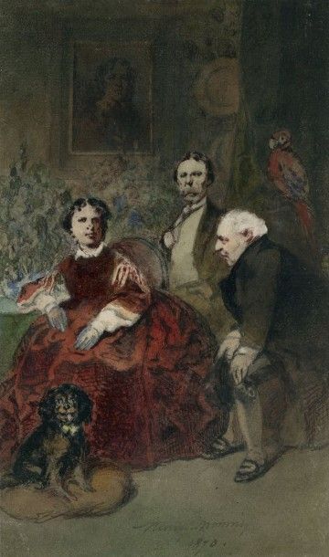 Henry MONNIER (1799-1877) Trois personnages dans un salon avec un chien et un perroquet
1870
Aquarelle...