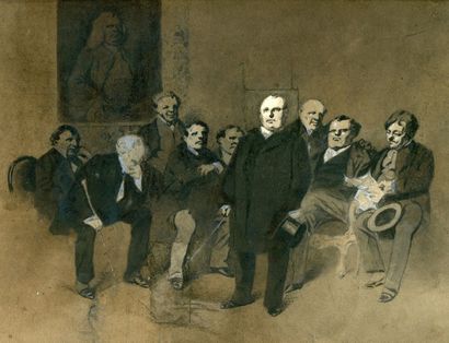 Henry MONNIER (1799-1877) Neuf hommes dans un salon
Vers 1870
Aquarelle et gouache
23...