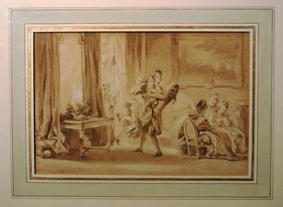 null Ecole française du XVIIIème siècle

Scène galante dans un salon 

Lavis et encre...